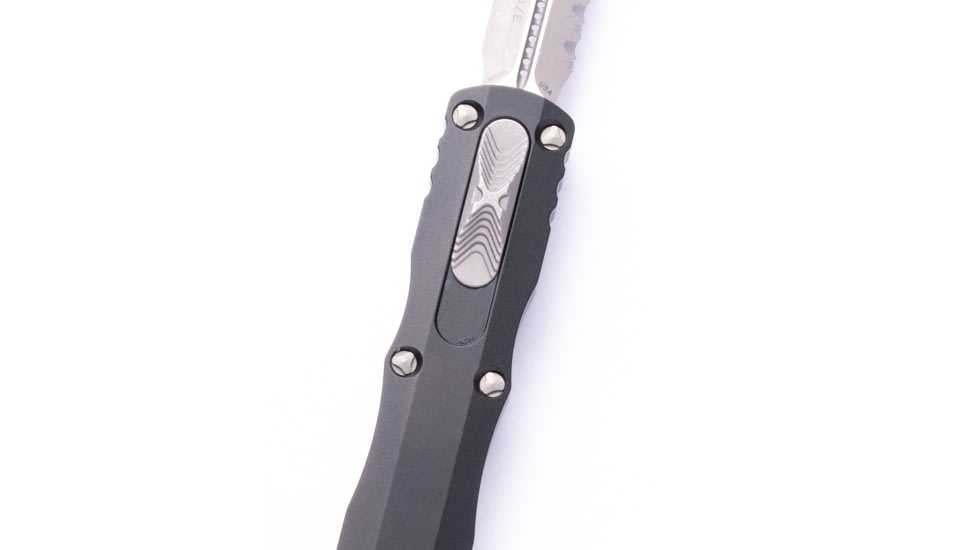 Microtech Dirac D/E Apocalyptic Standard Full Serration 2.875in OTF Automatic Folding Knife, Black, 225-12AP