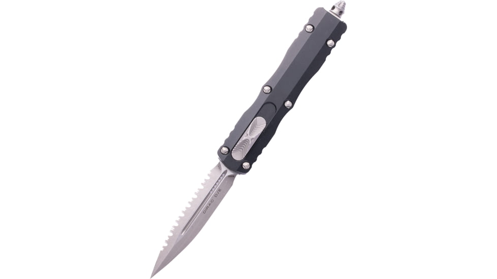 Microtech Dirac D/E Apocalyptic Standard Full Serration 2.875in OTF Automatic Folding Knife, Black, 225-12AP