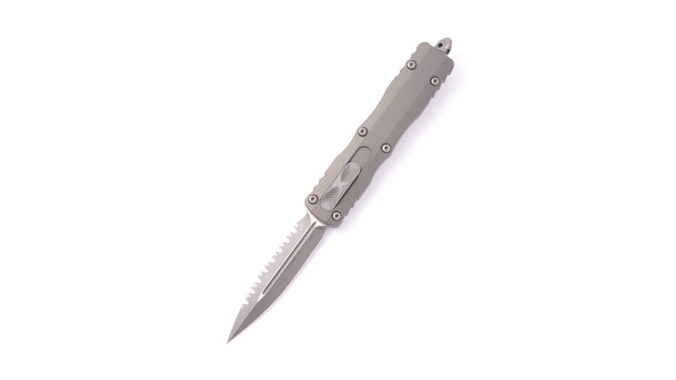 Microtech Dirac Delta D/E Apocalyptic Full Serrate 3.75in Automatic Folding Knife, Natural Clear, 227-12APNC