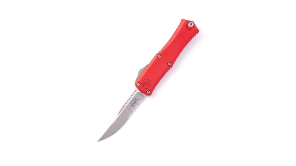 Microtech Hera II Mini S/E Stonewash Part Serrate 2.9in Automatic Folding Knife, Red, 1703M-11RD