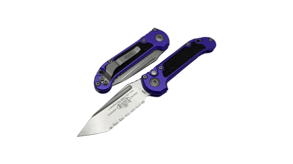 Microtech L.U.D.T. T/E Gen III Stonewash Full Serrated 3.5in Folding Knife, Purple, 1136-12PU