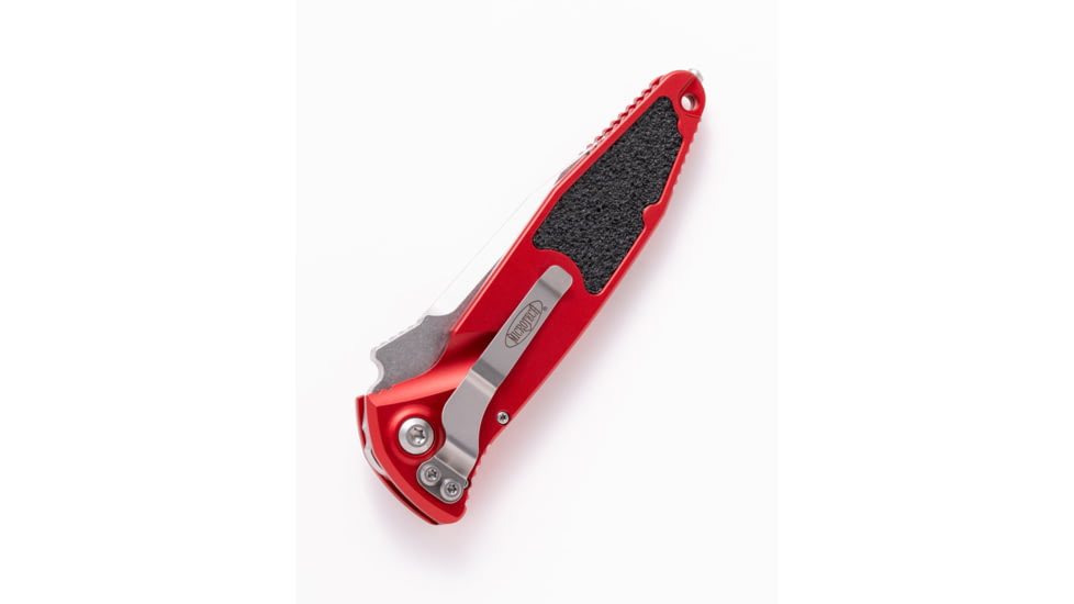 Microtech Soc Elite S/E-A Stonewash Part Serrated 4.05in Automatic Folding Knife, Automatic Folder, Red, 160A-11RD