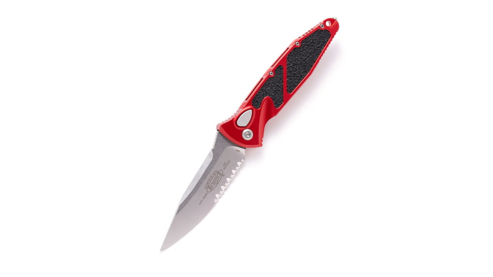Microtech Soc Elite S/E-A Stonewash Part Serrated 4.05in Automatic Folding Knife, Automatic Folder, Red, 160A-11RD