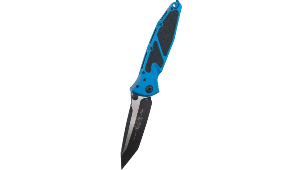 Microtech Socom Elite-M T/E Folding Knife, 4in, M390 Steel, Black, Tanto Blade, Aluminum, Blue Handle, 161-1BL