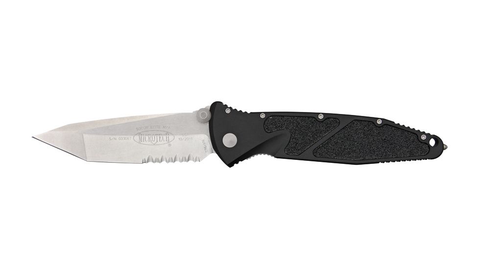 Microtech SOCOM Elite T/E Folding Knife, 4.05in, M390 Steel, Stonewashed, Tanto Blade, Partially Serrated, Aluminum, Black Handle, 161-11