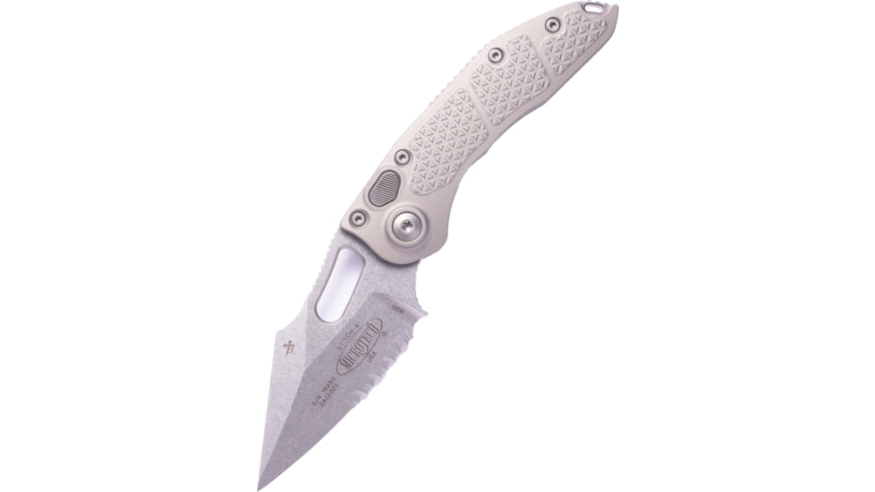 Microtech Stitch Auto S/E Stonewash Part Serrate 3.75in Folding Knife, Natural Clear, 169-11NC