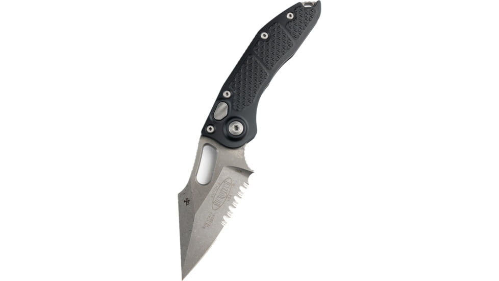 Microtech Stitch S/E Apocalyptic Automatic Folding Knife, 3.75in Partially Serrated Spear Point Blade, Black Handle, 169-11AP