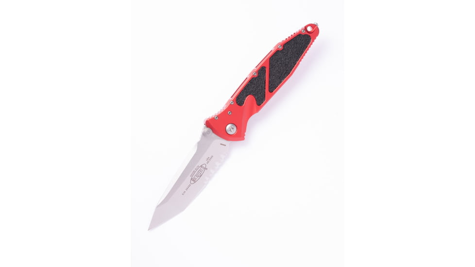 Microtech Stitch S/E Stonewash Part Serrate 3.75in Automatic Folding Knife, Red, 169-11RD