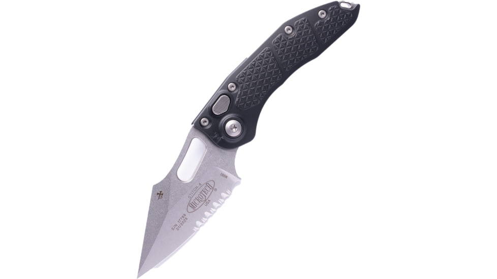 Microtech Stitch S/E Stonewash Part Serrate 3.75in Folding Knife, Black, 169-11