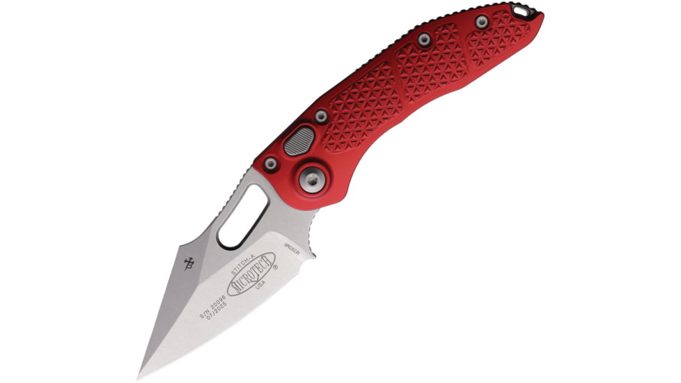 Microtech Stitch S/E Stonewash Standard Automatic Folding Knife, 3.75in, Red, 169-10RD