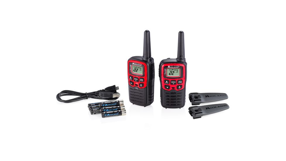 Midland Radio 22 Ch./26 mile w/38 CTCSS, W/X alert,  Batts &amp; USB Cable Charger, Black/Red T31VP