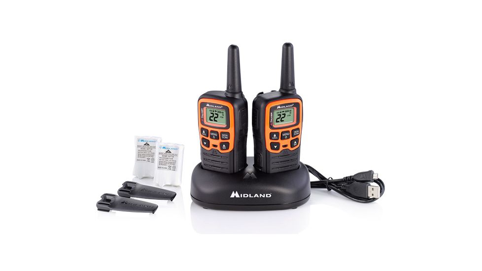Midland Radio 22 Ch./28 mile w/38 CTCSS, W/X Alert, Bat, DTC &amp; USB Cable Charger, Black/Orange T51VP3