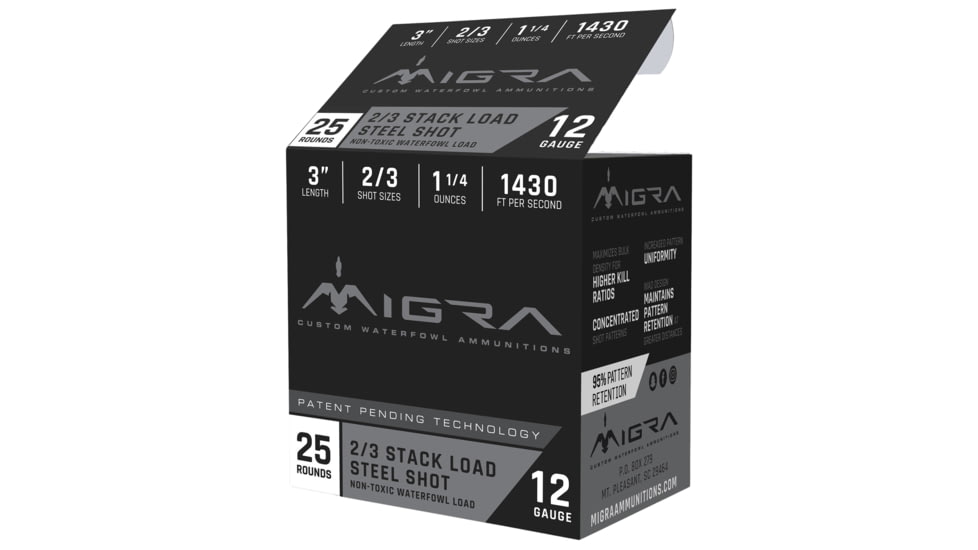 Migra Ammunitions Staxd 12Gauge 3 in 1 1/4Oz 2/3Shot Shotgun Ammo, 25 Per Box/10 Case, M12SS23