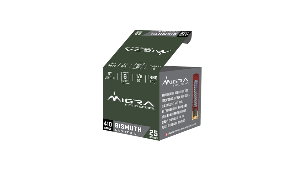 Migra Mono Series Load 410 Gauge 1/2 oz 3 in Shotgun Ammo, #6, 25 Rounds, M-410B6