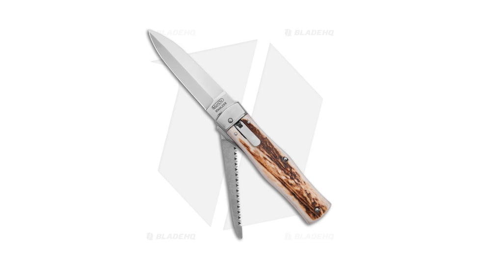 Mikov 241 Predator Automatic Folding Knife, 3.75in, 420, Dagger Blade, Horn, Brown/White Handle, Brown/White/Steel, 8.50 inch, BHQ-183428