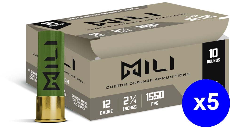 MILI Ammo 12 Gauge, Rifled Slug, 1 oz, 2.75 in, 1550 ft/s, Centerfire Shotgun Slug Ammo, 50 Rounds