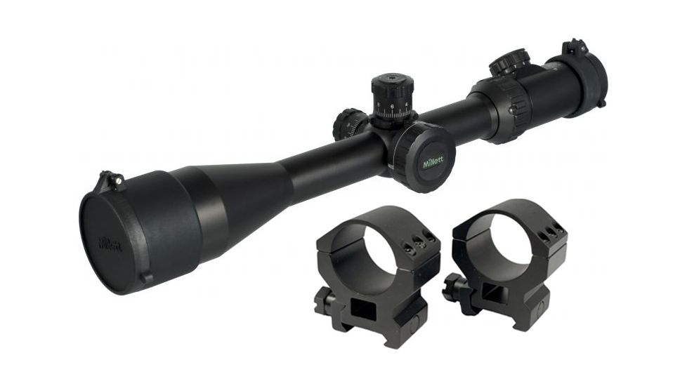 Millett 4-16x50 Tactical Rifle Scope, Matte Black w/ Illuminated Mil-Dot Bar Reticle, .1 Mil Click Value BK81008 w/ Millett 30mm Tactical Detachable Ring, Low, Matte Black DT00713