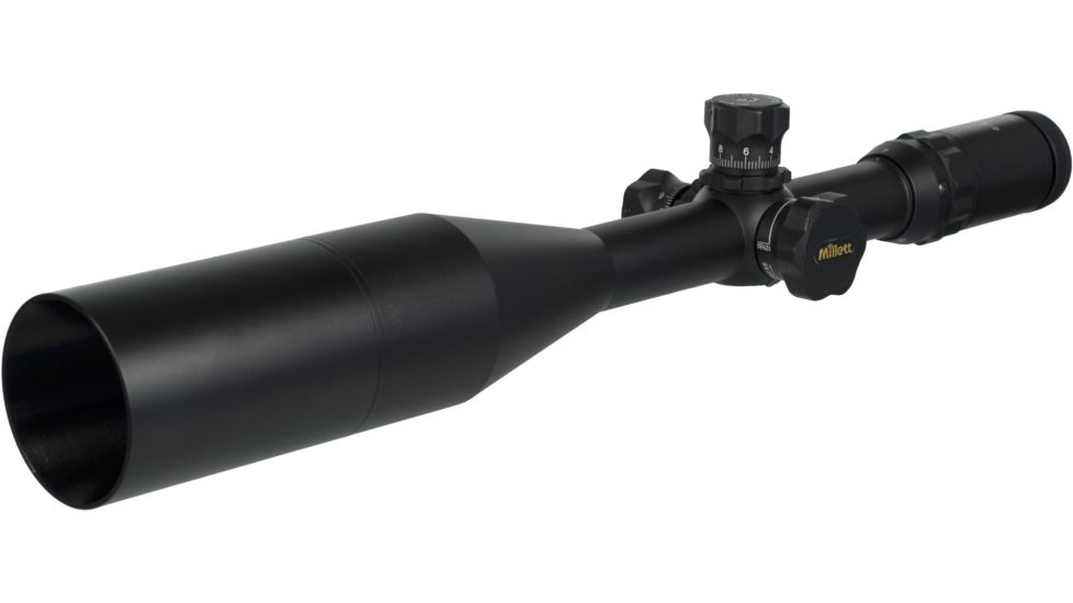 Millett Buck Gold Series 4-16x56 30 mm Rifle Scope Side Focus BK30735 - MIL DOT, Multi Coat - with metal screw-on sun shade attached
