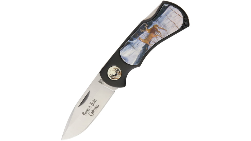 Miscellaneous Buck and Doe Lockback Folding Knife, 2 3/4in SS Drop Point, Black Composition Handles With Whitetail Buck And Doe Artwork Inlay On Front Handle And Faux Stag Inlay On Back Handle, H1764