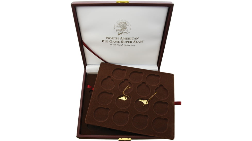 Miscellaneous Collectible Coin Display with Brown Faux Leather Box, Brown Faux Leather Box Measures 11in X 9.5in X 2in, Locking Brass Clasp With Key, Formed Inserts Hold 28 Coins, PDSRGH1904