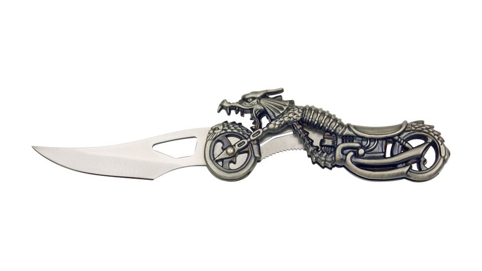 Miscellaneous Dragon Motorcycle Folding Knife,4.125in closed,Stainless Blade,Antique Silver Stainless Handle M3652