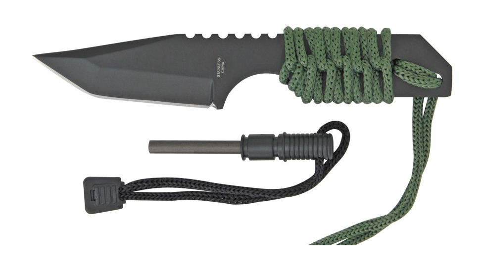 Miscellaneous Small Survival Fixed Blade Knife,3.125in,Tanto Blade,Green Cord Wrapped Handle M3372