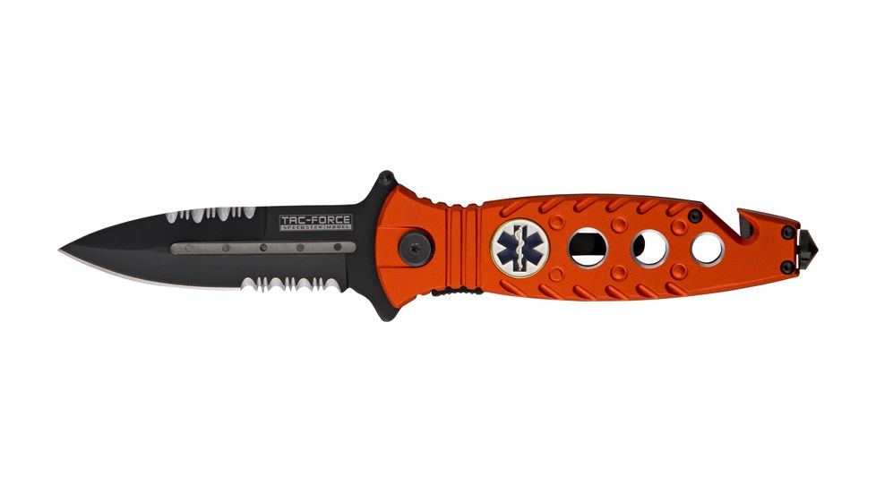 Miscellaneous Speed Assisted EMS Rescue Folding Knife,3.375in,Spear Point Blade,Grooved Orange Anodized Alum Handle M3858