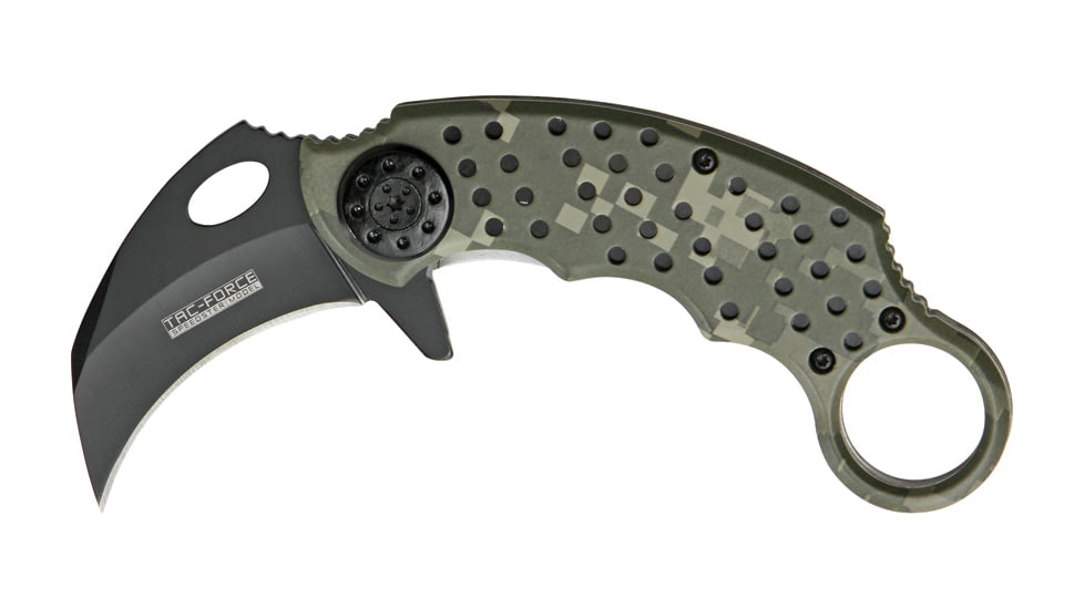 Miscellaneous Speed Assisted Karambit Folding Knife,2.25in,Black Coated Stainless Blade,Alum Handles With Green Camo Overlay/Camo Disck Trim M4090