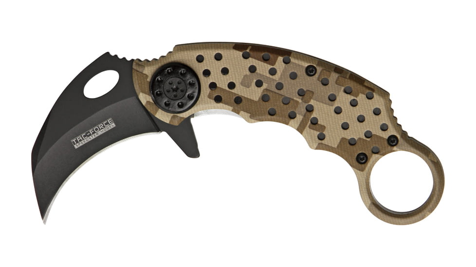 Miscellaneous Speed Assisted Karambit Folding Knife,2.25in,Black Coated Stainless Blade,Alum Handles With Tan Digital Camo Overlay/Black Disck Trim M4091