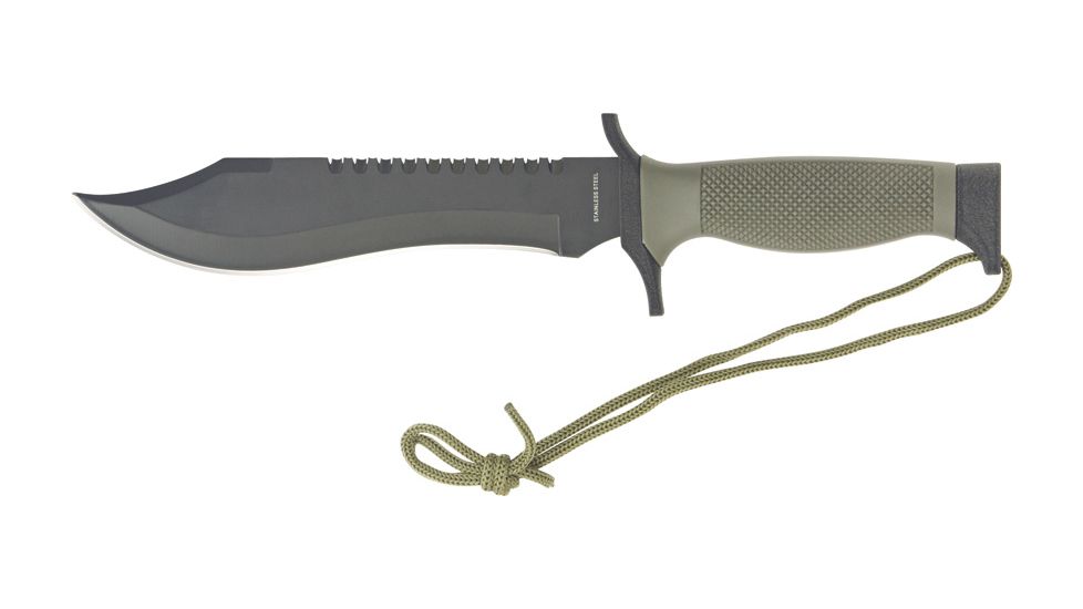 Miscellaneous Survival Fixed Blade Knife,7.125in,Black Stainless Sawback Blade,Textured Od Green Handle M3638