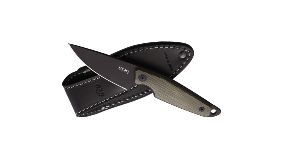 MKM Makro 1 Black Fixed Blade Knife, 6.5in Overall, 2.88in Black Oxide Bohler M390 Stainless Drop Point Blade, Green Micarta Handle, Leather Belt Sheath, MK MA01-GCB