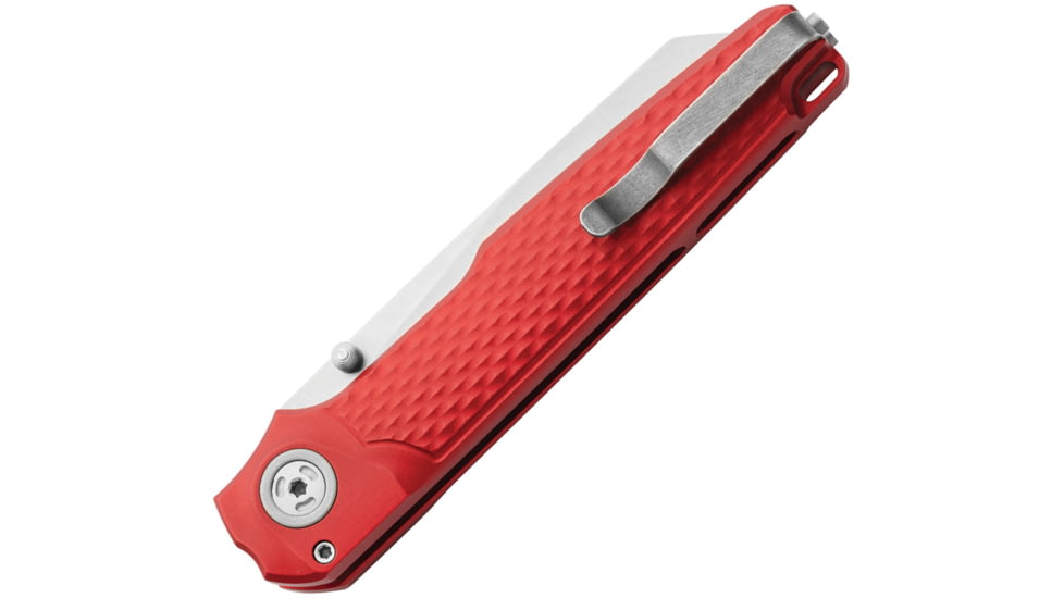 MKM Miura Button Lock Folding Knife, 2.75in, Stonewash Fnish CPM MagnaCut Stainless Sheepsfoot Blade, Red Textured Aluminum Handle., MK MI-ARD