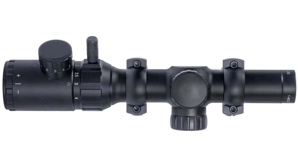 Monstrum 1-4x20 Rifle Scope with Rangefinder Reticle and Medium Profile Scope Rings, Black, S1420-R-RG
