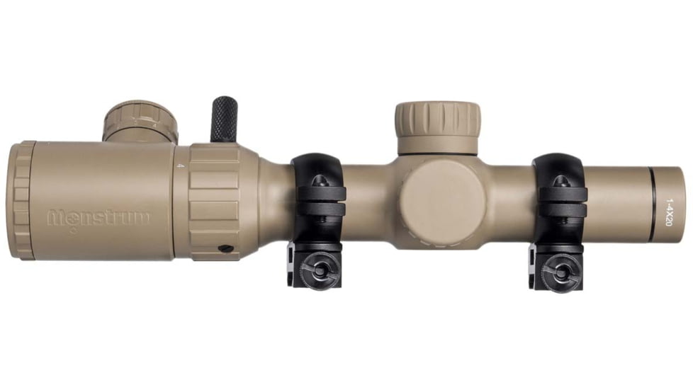 Monstrum 1-4x20 Rifle Scope with Rangefinder Reticle and Medium Profile Scope Rings, Flat Dark Earth, TS1420-R-RG