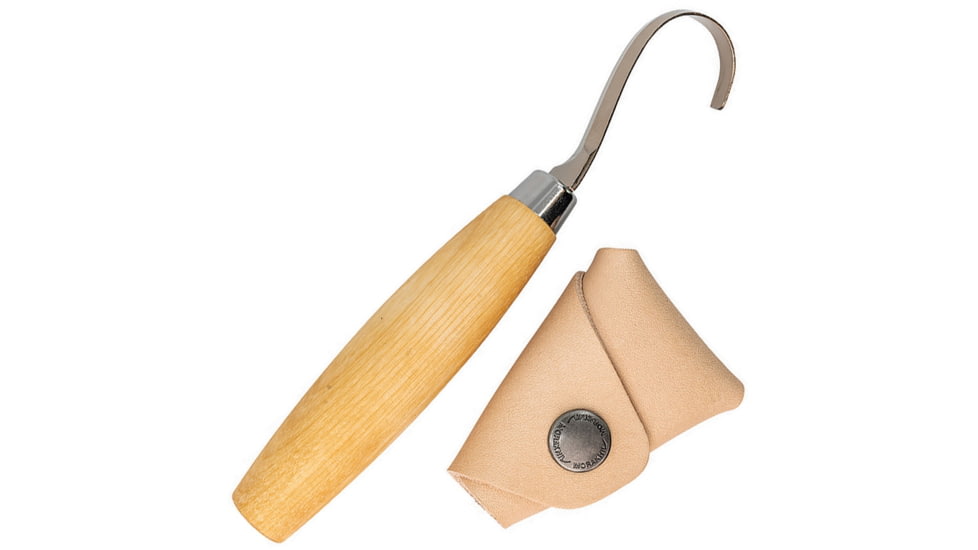 Morakniv Hook Knife 162 Double Edge Knife, 6.25in Overall, 2in SS Blade, Birch Wood Handle, Double Edge Blade For Push And Pull Carving, Natural Leather Sheath, M-13388