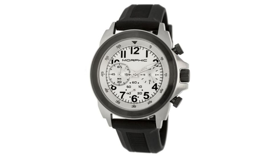 Morphic Mens M19 Series Full-Function Chronograph Silicone Strap Watch Black Bezel, Silver/Circle-shaped Case, Silver/analog Dial, Silver Hands MPH1903