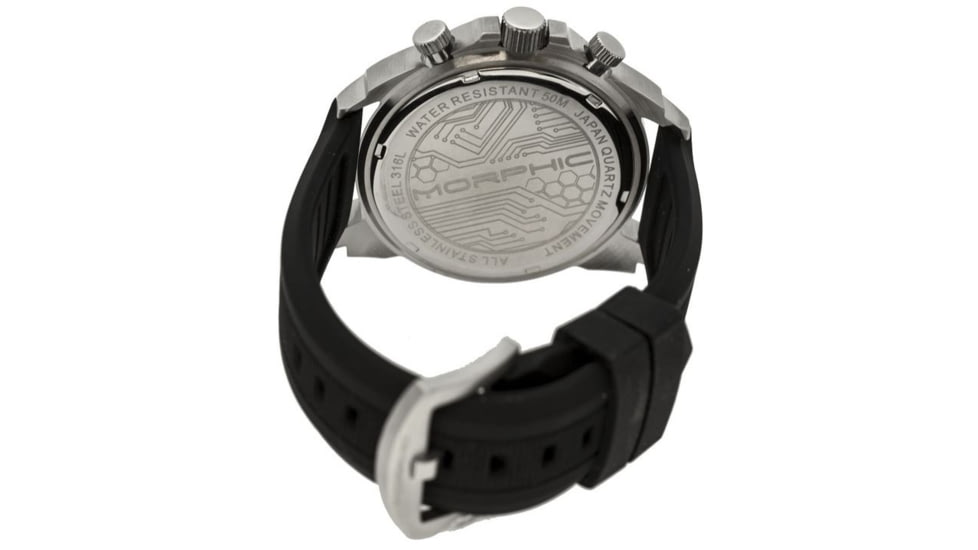 Morphic Mens M19 Series Full-Function Chronograph Silicone Strap Watch Silver Bezel, Silver/Circle-shaped Case, Black/analog Dial, Black Hands MPH1901