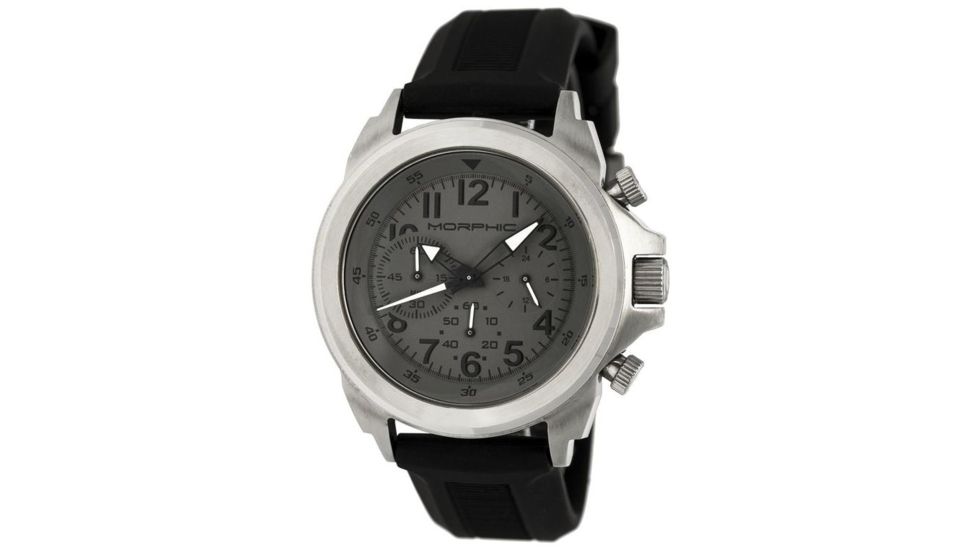 Morphic Mens M19 Series Full-Function Chronograph Silicone Strap Watch Silver Bezel, Silver/Circle-shaped Case, Charcoal/analog Dial, Black Hands MPH1902