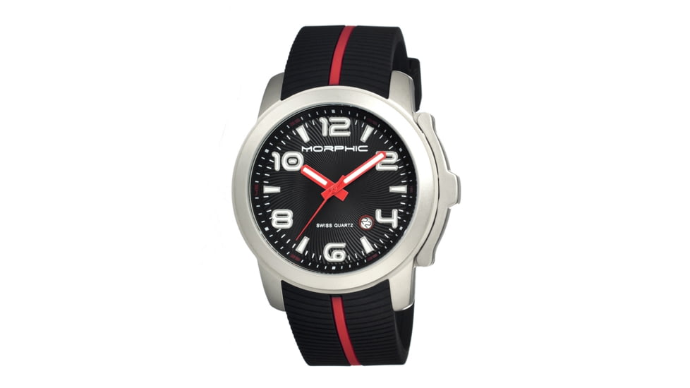 Morphic M21 Series Watch,Black Silicone Band,Red Hand,Silver Bezel,Black Analog Dial,Strap Buckle MPH2102