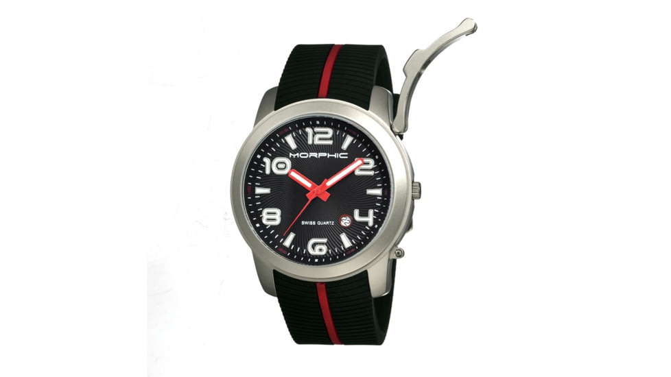 Morphic M21 Series Watch,Black Silicone Band,Red Hand,Silver Bezel,Black Analog Dial,Strap Buckle MPH2102