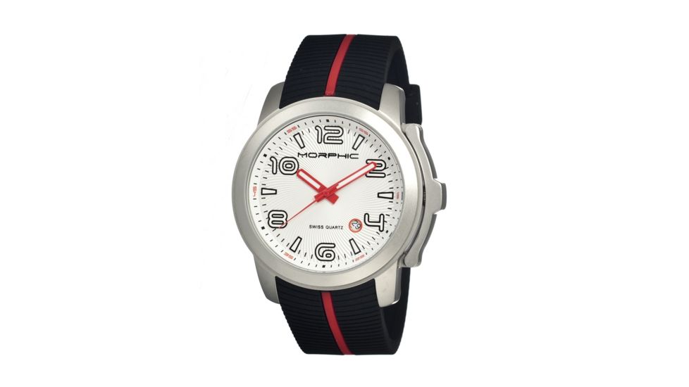 Morphic M21 Series Watch,Black Silicone Band,Red Hand,Silver Bezel,White Analog Dial,Strap Buckle MPH2101