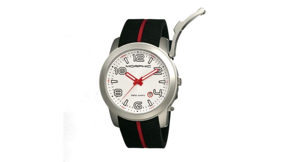 Morphic M21 Series Watch,Black Silicone Band,Red Hand,Silver Bezel,White Analog Dial,Strap Buckle MPH2101