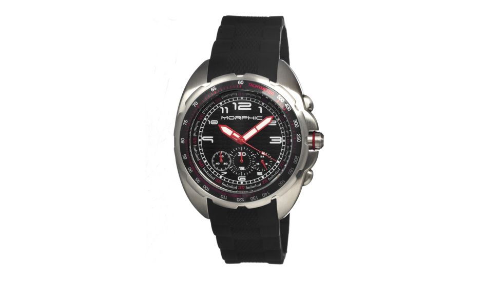 Morphic M25 Series Watch,Black Silicone Band,Red Hand,Silver Bezel,Black Analog Dial,Fold Over Push Button Deployment MPH2502
