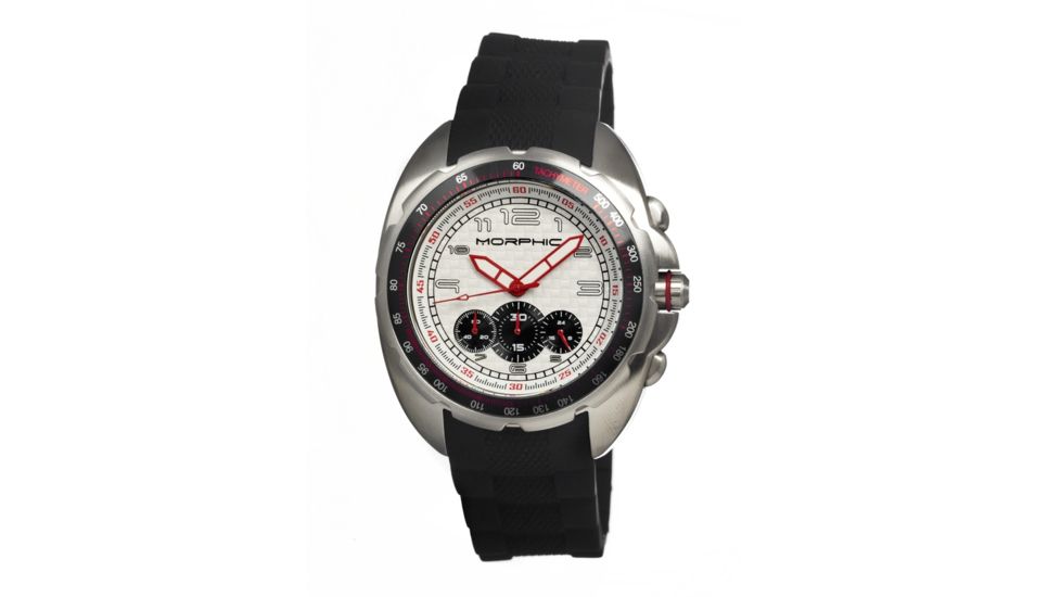 Morphic M25 Series Watch,Black Silicone Band,Red Hand,Silver Bezel,Silver Analog Dial,Fold Over Push Button Deployment MPH2501