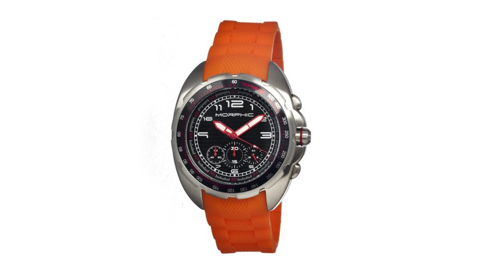 Morphic M25 Series Watch,Orange Silicone Band,Red Hand,Silver Bezel,Black Analog Dial,Fold Over Push Button Deployment MPH2505