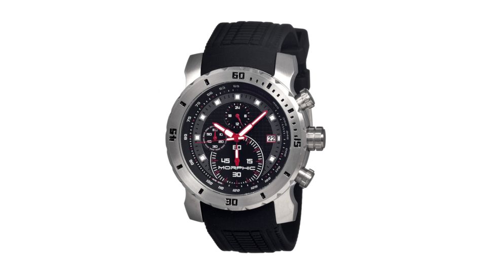 Morphic M26 Series Watch,Black Silicone Band,Red Hand,Silver Bezel,Black Analog Dial,Strap Buckle MPH2602