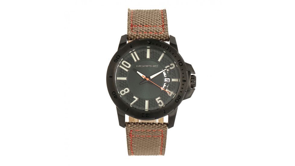 Morphic M70 Series Canvas-Overlaid Leather-Band Watch w/ Date, Black/Khaki, One Size, MPH7006