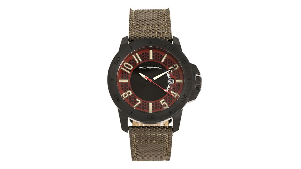 Morphic M70 Series Canvas-Overlaid Leather-Band Watch w/ Date, Black/Olive, One Size, MPH7005