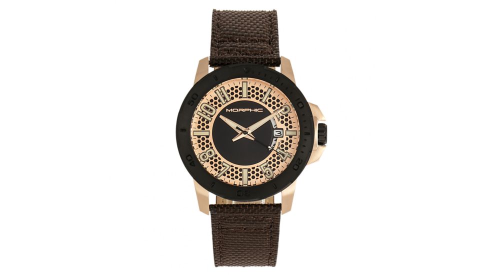 Morphic M70 Series Canvas-Overlaid Leather-Band Watch w/ Date, Rose Gold/Brown, One Size, MPH7004