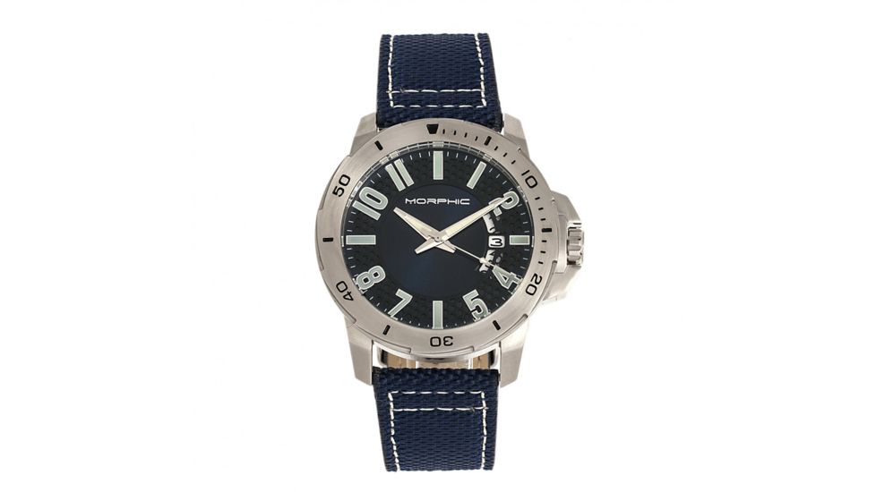 Morphic M70 Series Canvas-Overlaid Leather-Band Watch w/ Date, Silver/Blue, One Size, MPH7002